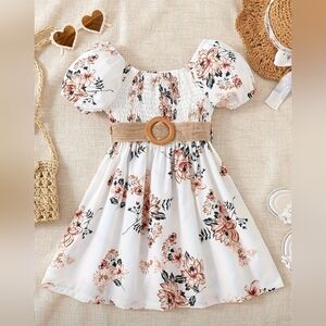 2 Pc Outfit: Girls White Summer Casual Floral Print W Tan Belt Knee Length Dress